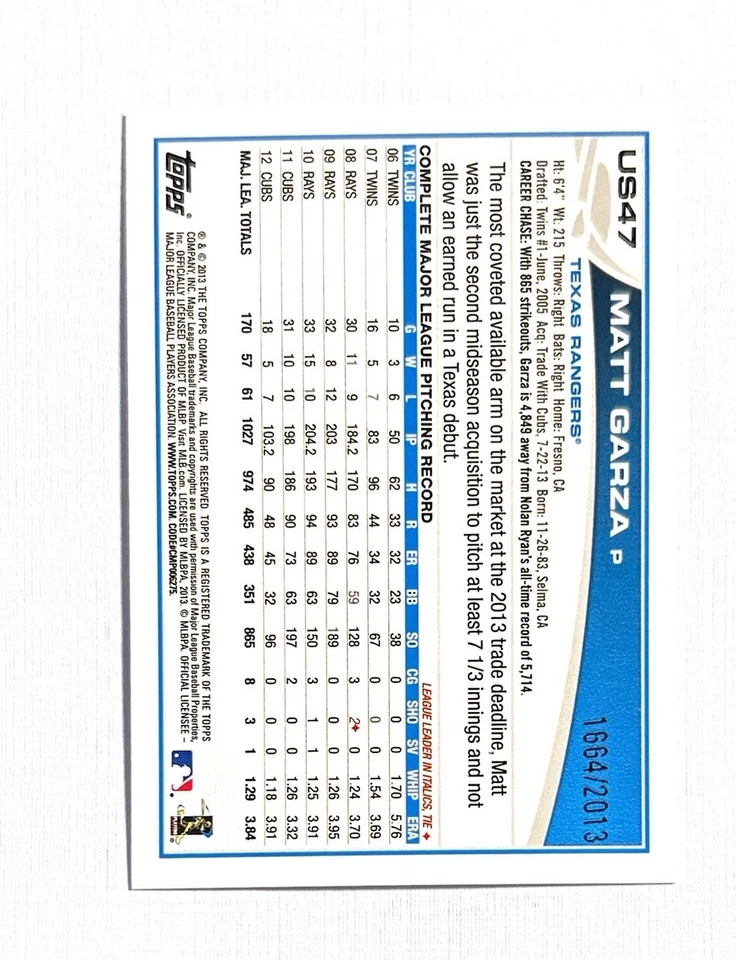 Matt Garza ~ 2013 Topps ~ Gold 1664/2013 #US47 - Image 2 of 2