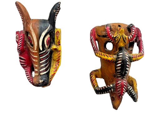 Set 2 Mexican Folk Art Carved Wood Mask State of Guerrero Vintage Hand Painted