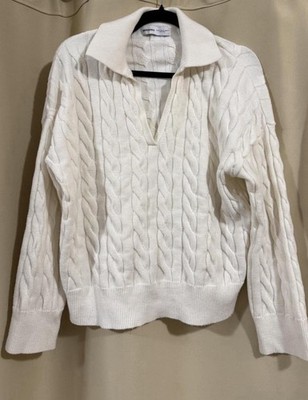 Bershka Women s White Cable V-Neck Knit Jumper Size XS
