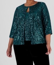 Alex Evenings Women's Green 2-Piece Sequin Jacket Tank Twinset Plus Size 1X