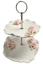NEW BONE WHITE,PINK 3D ROSE FLOWER 2 TIER LEVEL CANDY SERVING DISH SILVER HANDLE