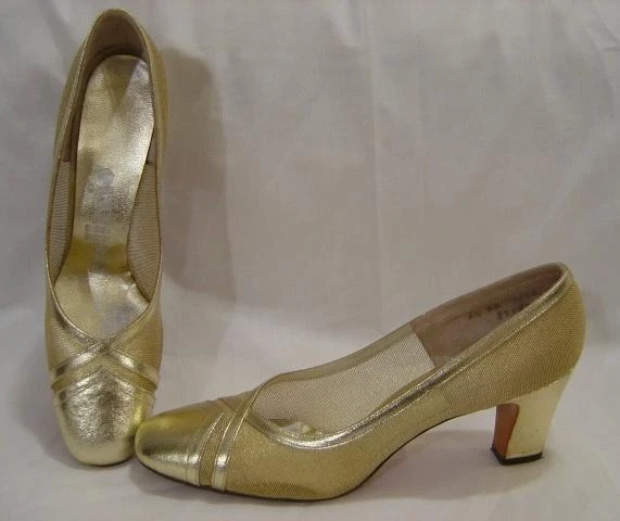 VINTAGE 1960s PALIZZIO MOD METALLIC GOLD MESH FORMAL GLAM HEELS PUMPS SHOES BOX - Image 2 of 4