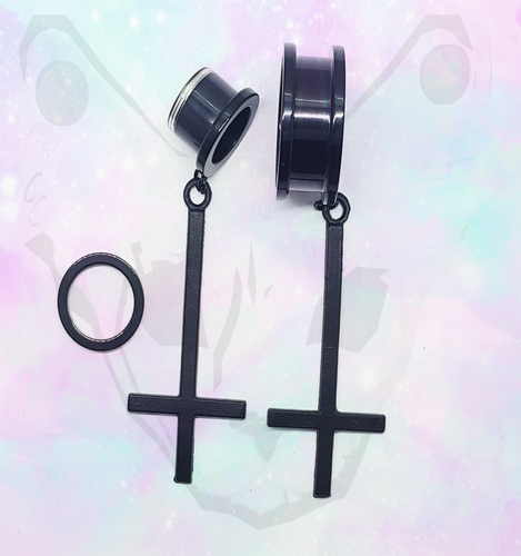 Steel Black Inverted Upside Down Cross Goth Pendant Dangle Ear Plug Tunnel Gold - Picture 6 of 9