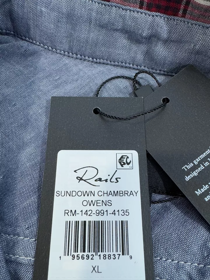 Rails Mens Blue Red Plaid Flannel Sundown Chambray Owens Button Shirt Sz XL - Image 4 of 4