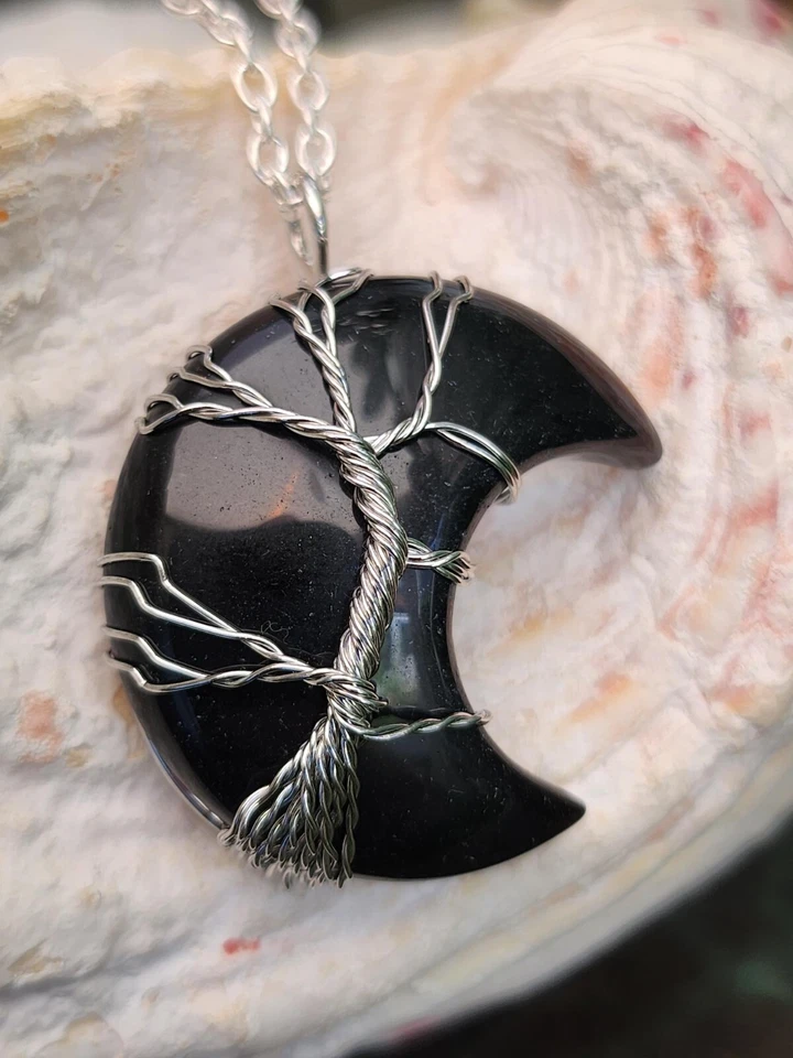 Árbol de la Vida Obsidiana Luna Colgante 20" Collar Media Luna Alambre Envuelto Joyería Foto 4 de 4