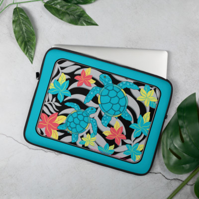 Hawaiian Honu Sea Turtle Aqua 15'' inch Laptop Sleeve Hawaii Plumeria Flowers