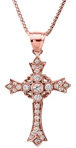 14k Rose Gold Diamond Cross Pendant Necklace with Hearts 