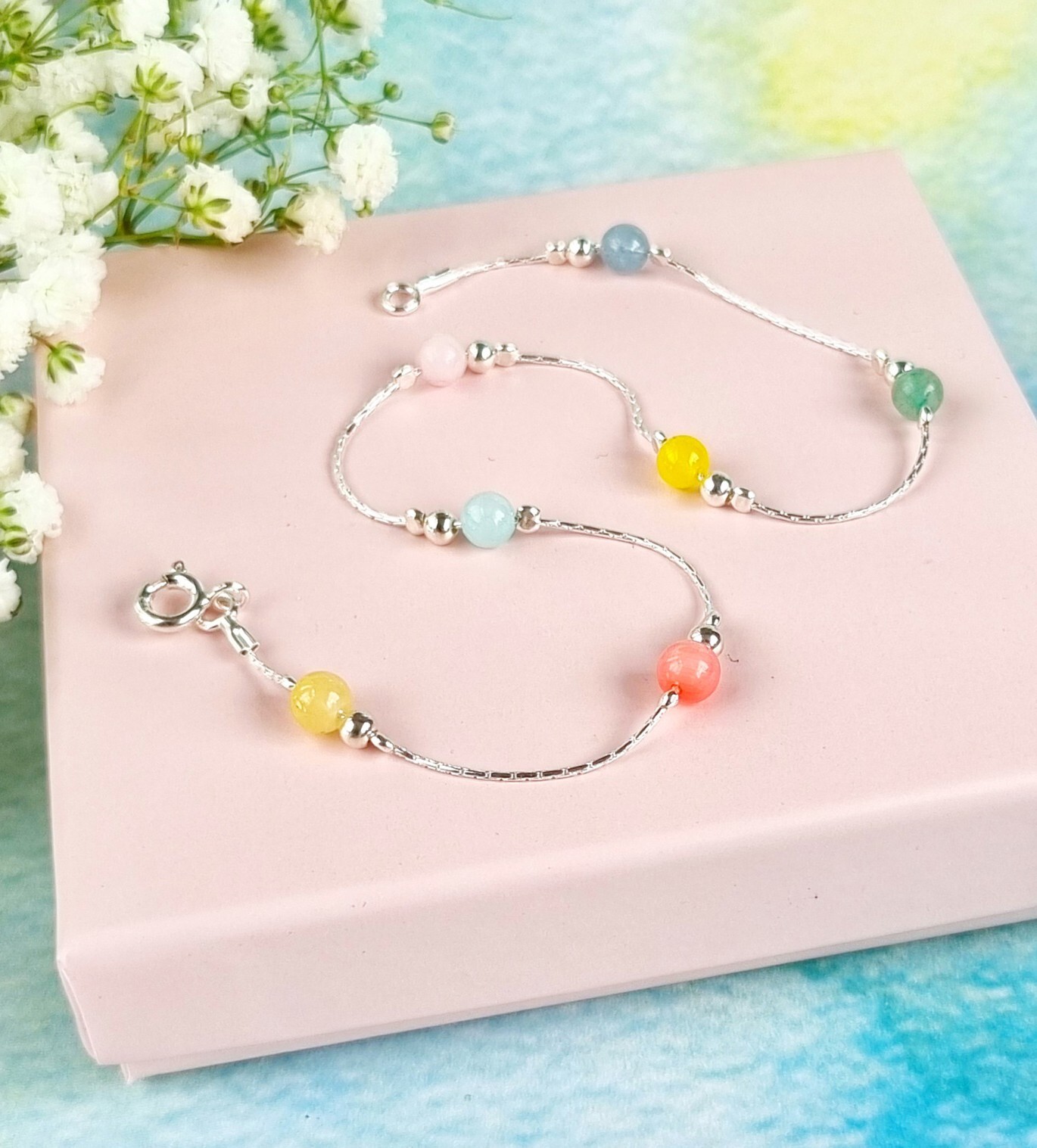 925 Sterling Silver Multicolor Gemstone Ankle Bracelet-image