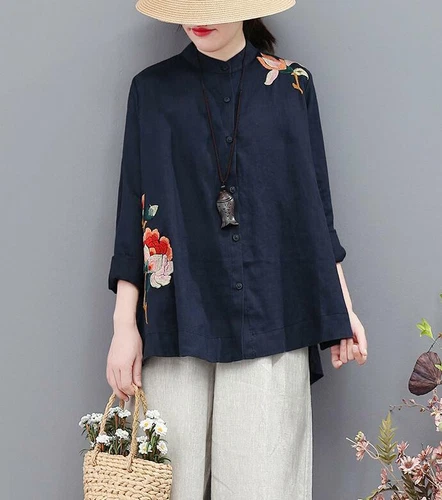 Retro Chinese Style Women's Cotton Blouse New Embroidery Loose Tops Shirts - Picture 9 of 15