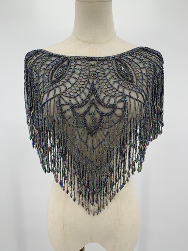 Vintage Silver Beaded Collar Shawl Sheer Lace Wrap Hanging Necklace Victorian - Picture 9 of 9