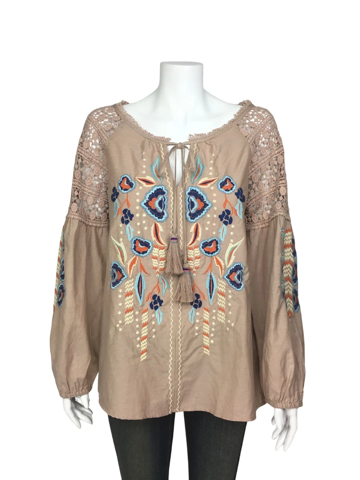Sundance Sz большой вышитый крючком кружева кисточки галстук длинный Slv крестьянская туника Топ
