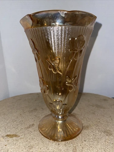 Jeanette Iridescent Glass Vase Marigold Pedestal Iris Herringbone Pattern (F-2)