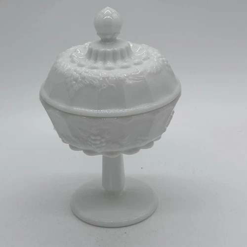 Westmoreland Vintage Paneled Grape Pedestal  1950's Milk Glass Lidded Candy Dish