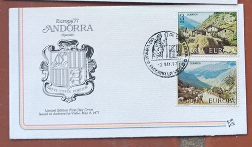 SPANISH ANDORRA LANDSCAPES SET  EUROPA 1977  FLEETWOOD COAT OF ARMS CACHET FDC