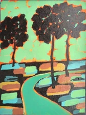 Abstract Impressionist Landscape Original Art Painting Modern Cubist Folk Naive