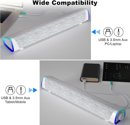 Sound Bar Lautsprecher PC Computer Monitor Boxen Box mit 3,5mm AUX LED Weiß B324 - Bild 4 von 7