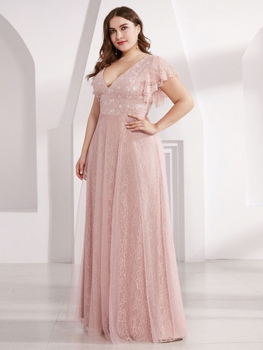 Women's Double V Neck Long Lace Evening Dress with Ruffle Sleeves (&Plus Size) - Picture 19 of 43