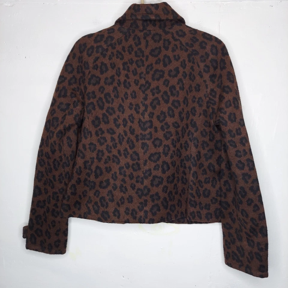 Chaqueta de Lana de Alpaca Worth Mujer Pequeña Pequeña Marrón Leopardo Botón Bolsillos Cuello Foto 3 de 4