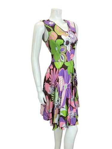 VTG 60S 70S PURPLE GREEN BROWN PINK PSYCHEDELIC FLORAL SWING SUMMER DRESS 10 - Picture 6 of 10