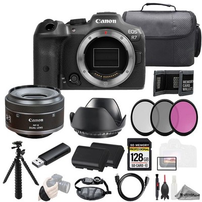 Canon EOS R7 + RF-S 7.8mm f/4 STM Dual Lens 128GB +Ext Bat+ 3 PC Filter- Kit