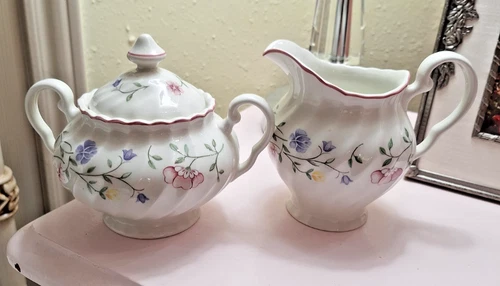 Johnson Bros Creamer and Sugar Bowl with Lid Summer Chintz Pink Floral England
