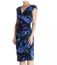 Ralph Lauren Dress 10 Blue Green Floral Washable Stretch Career Church Party