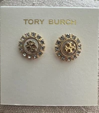 Tory Burch Rhinestone Logo Stud Earrings Gold Elegant Everyday Sparkle