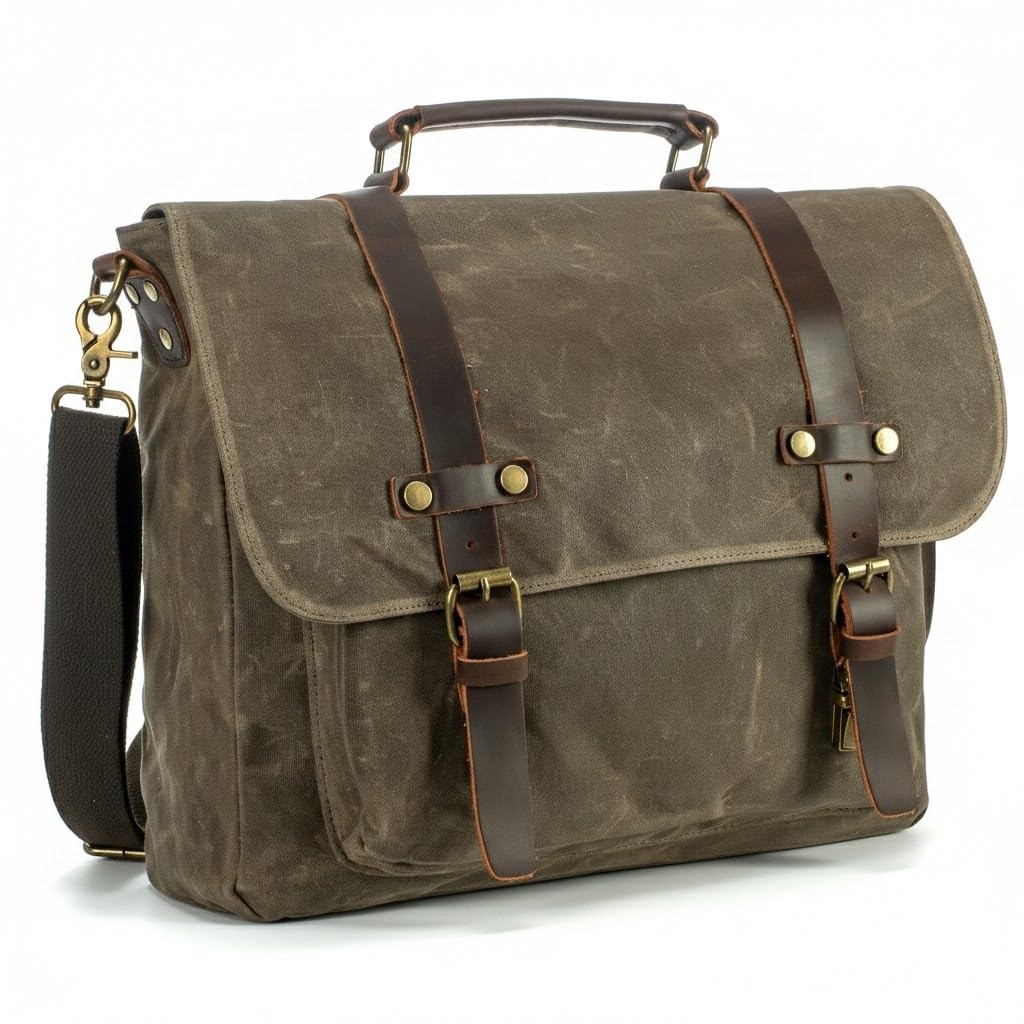 Messenger Bag for Men 15.6 Inch, Waterproof Waxed Canvas and Genuine Leather ...