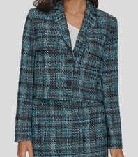 Calvin Klein Women's Blue Tweed Two-Button Cropped Blazer Jacket Size 4