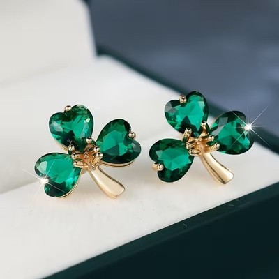 Emerald Green Crystal Shamrock Clover Stud Earrings Lucky Irish St Patricks Day