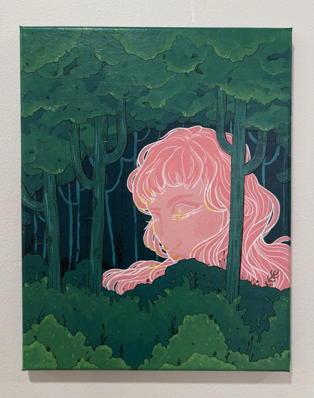 Pink Woman in Forest Trees Canvas Whimsical Painting,  Art, 11”x13” Unframed