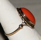 Antique Vtg 18K Yellow GOLD NATURAL ORANGE CORAL RING Oval Cabochon Solitaire — photo 6