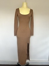 Henne Dress Small Tan Brown Long Sleeves Bodycon Midi Ribbed Knit
