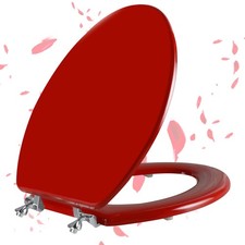 Red Elongated Toilet Seat Natural Wood Zinc Alloy Hinges Easy to Clean