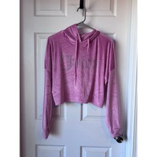 Juicy Couture Pink Velour Cropped Hoodie Rhinestone Logo Women s Medium Y2K