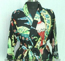 Peacock Print Robe Full Length 3/4 Sleeves Black 100 Cotton women Kimono Dress