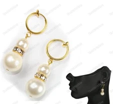 CLIP ON hoop PEARL&CRYSTAL EARRINGS cream gold pltd CLIPS mini hoops rhinestone