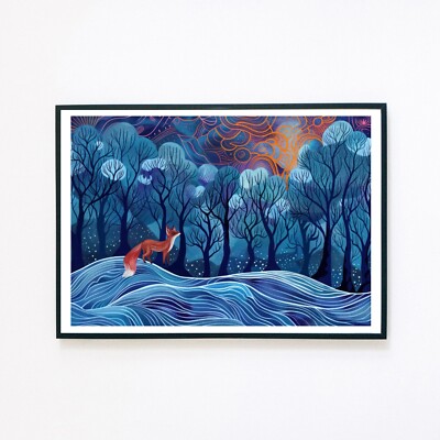 Abstrakte Fuchslandschaft verzauberter Wald Illustration 7x5 Wanddeko Kunstdruck 
