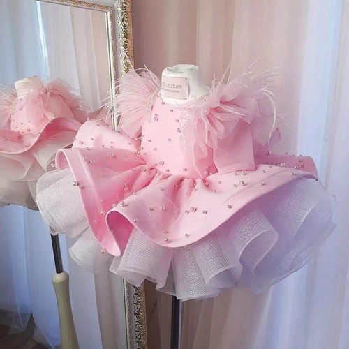 Luxury Pearls Flower Girl Dress Puff Girls Party Dresses Tulle Ceremonial Dress - Picture 1 of 25