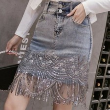 Damen Denim Minirock Pailletten Quasten Fransen Bestickt Blumen Glänzend Sexy