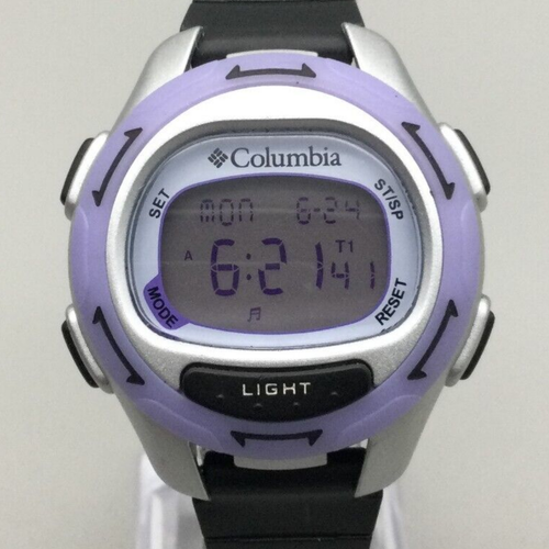 Columbia Digital Watch Unisex 35mm Purple Silver Tone Backlight 100M New Battery