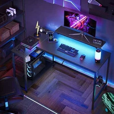 48" L Shaped Gaming Computer Desk with LED Lights Power Outlets Carbon Fiber