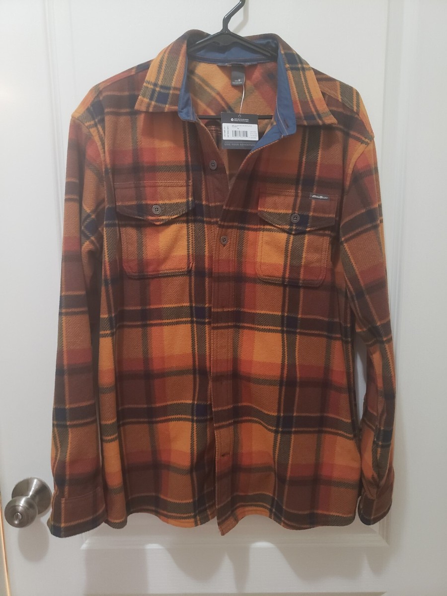 MENS MED ORANGE PLAID EDDIE BAUER MR LS CHUTES MICROFLEECE BUTTON