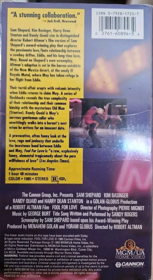 Fool For Love (VHS 1985) Sam Shepard [R] Kim Basinger Drama Movie Foto 3 de 4