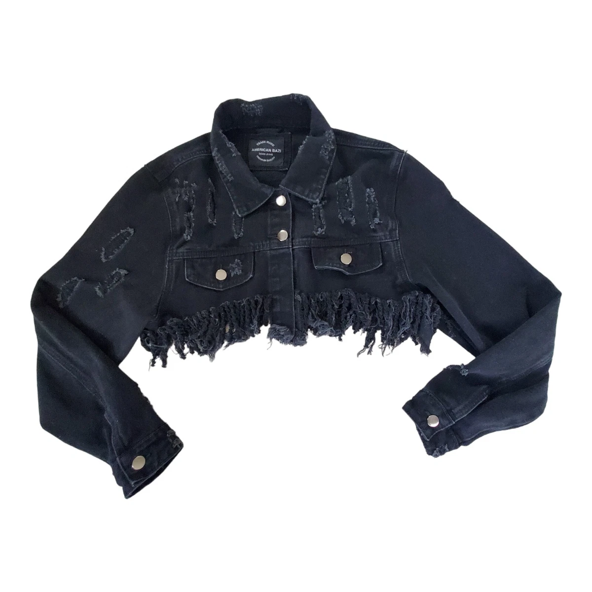 Black distressed cropped denim cheap jacket