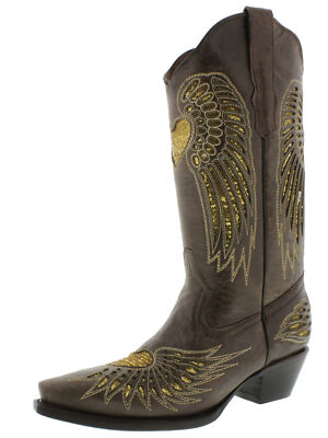 Womens Rodeo Boots Snip Toe Brown Gold Heart Wings Botas Mujer Size 5.5, 6, 9.5
