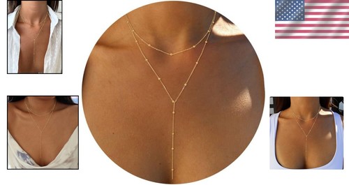 Dainty 14k Gold Plated Lariat Necklace for Women - Trendy Y-Shaped Design - Picture 2 of 9