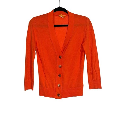 Tory Burch Shrunken Simone Orange 3/4 Sleeve Gold Logo Button Cardigan XS - Picture 2 of 8