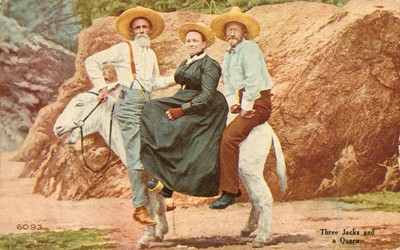 Three Jacks and a Queen Postcard Antique 1912 Two Men, a Jack Ass and a Woman N