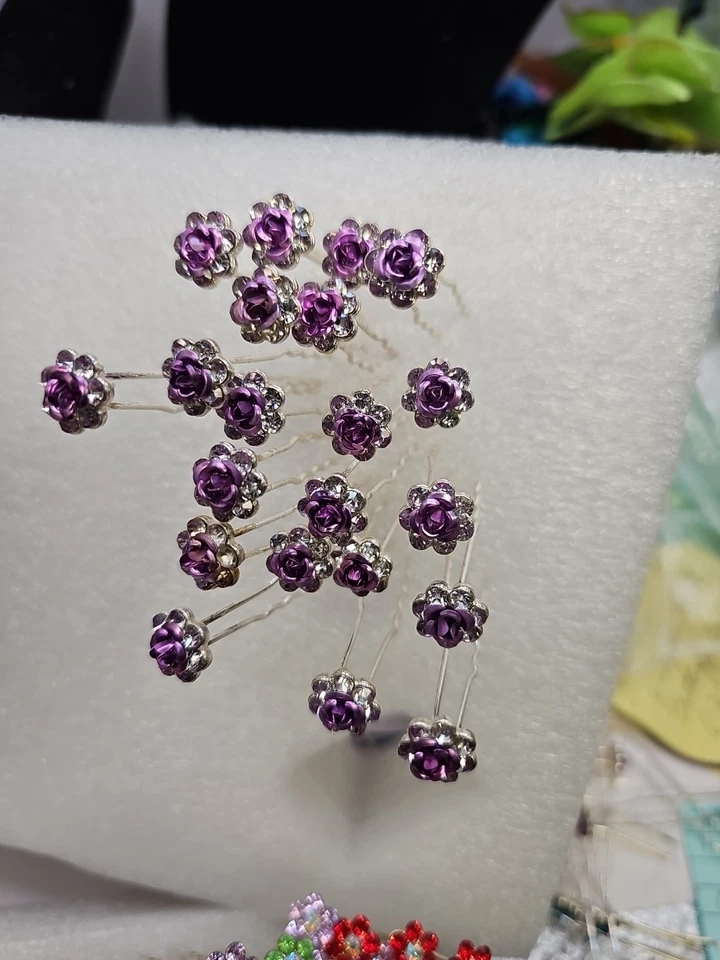 Lote de 20 alfileres para palo de pelo para mujer morados con pedrería de cristal transparente floral Foto 3 de 3